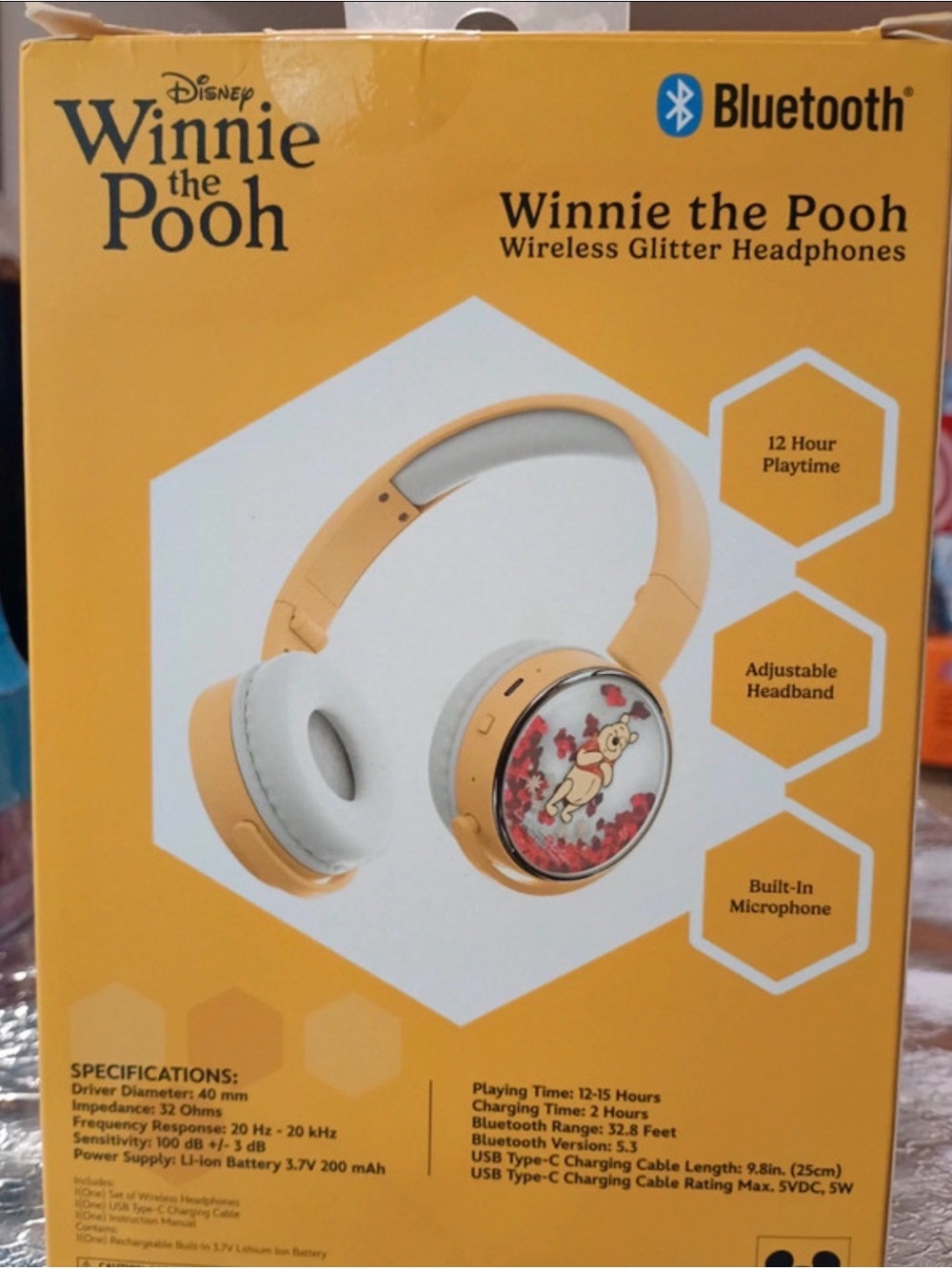Disney Winnie the Pooh Glitter Wireless Headphones - Yellow and White
